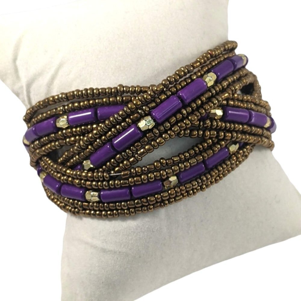 VTG Bohemian Purple Antiqued Gold Tone Braided Beaded Cuff Bracelet